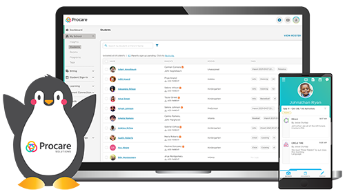 A screenshot of Procare on a computer and smart phone with Tucker the penguin illustrated in the foreground